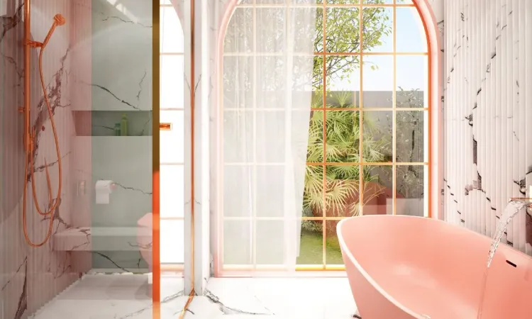 Kamar mandi nuansa pink, Sumber: homestratosphere.com